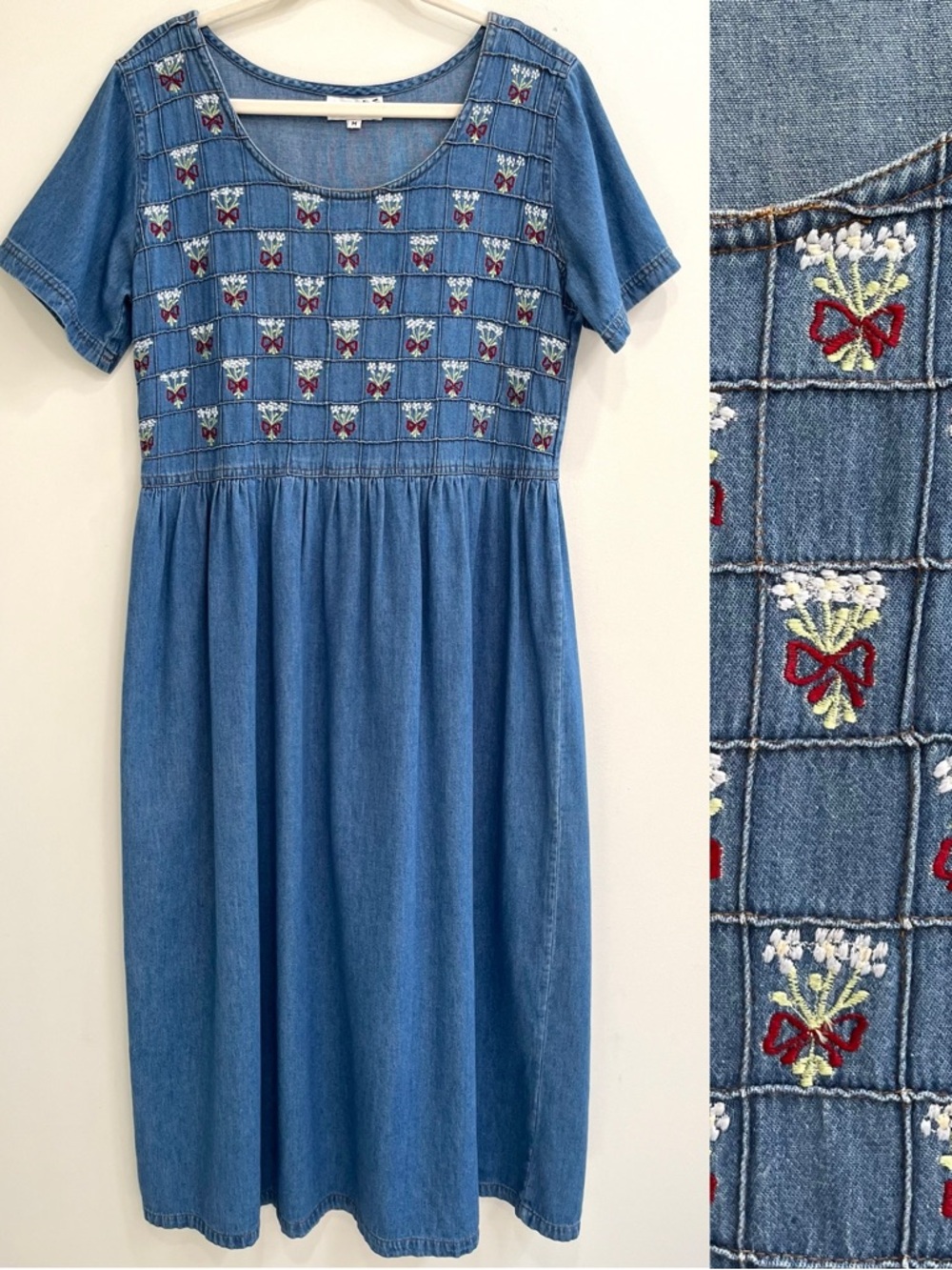 Vintage 90’s chambray denim maxi dress embroidered bouquet flowers bows medium